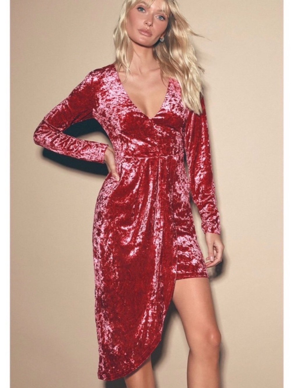 Lulu’s Fuchsia Velvet Long Sleeve Asymmetrical Dress Size XS NWT